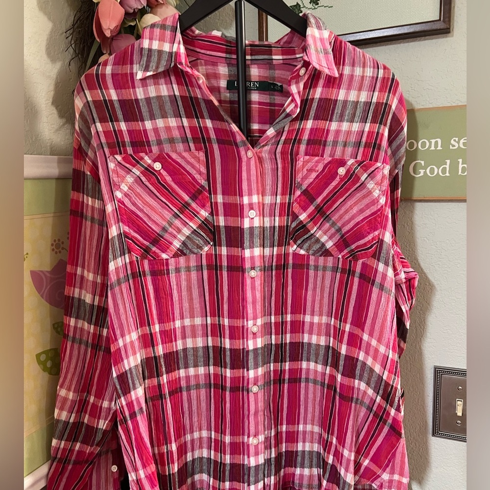 NWOT Lauren Ralph Lauren Red Plaid Shirt Large Hi/Low Top #077